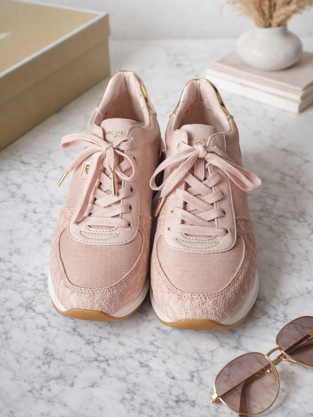 Michael Kors Monique Trainer Ballet Pink Sneakers Gold Trim NIB 6.5